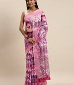 Pink & Blue Linen Blend Blend Printed Saree