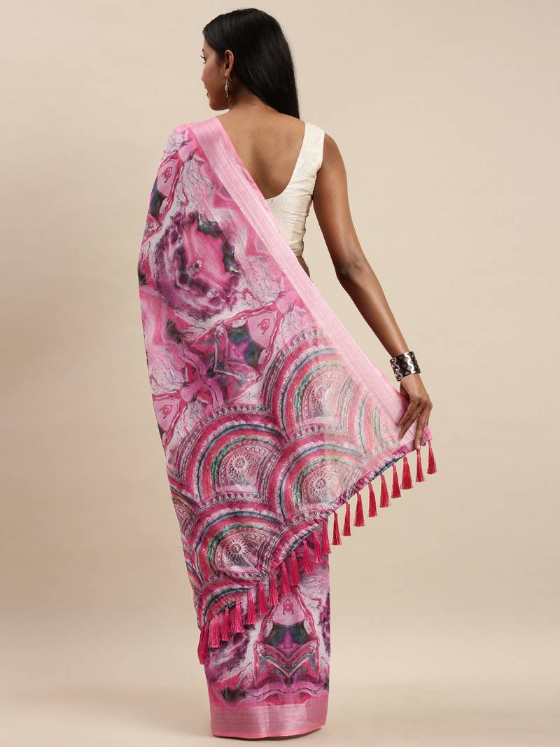 Pink & Blue Linen Blend Blend Printed Saree