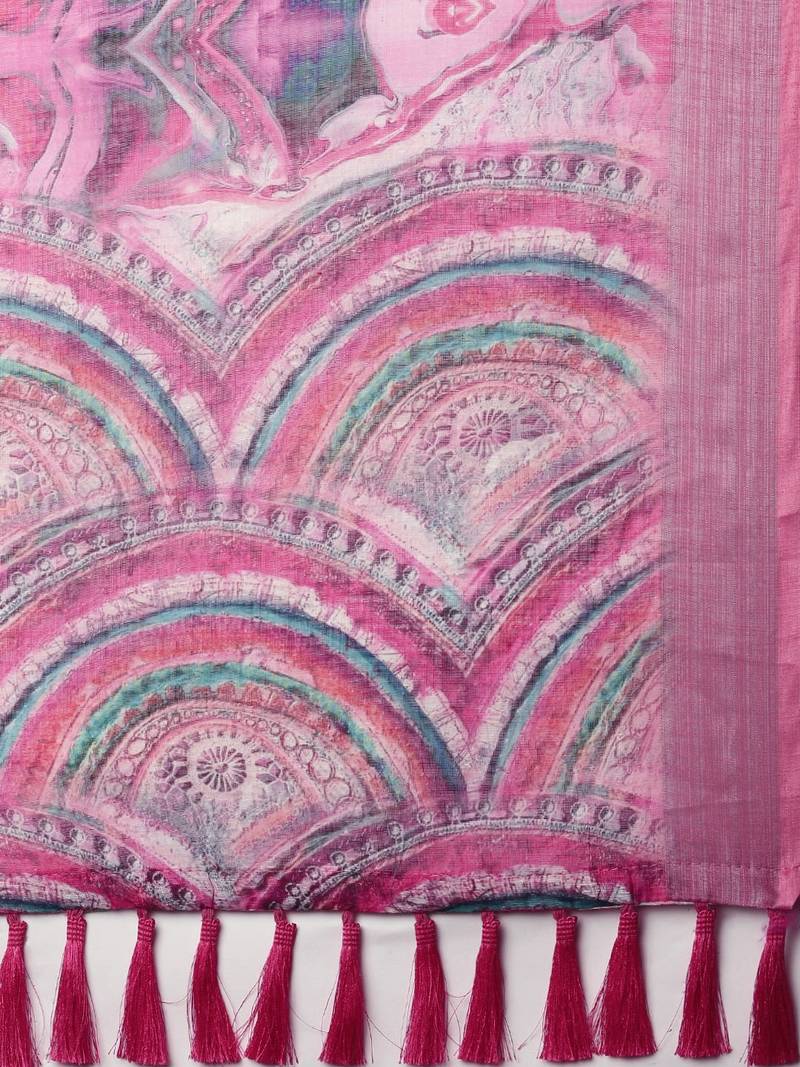 Pink & Blue Linen Blend Blend Printed Saree