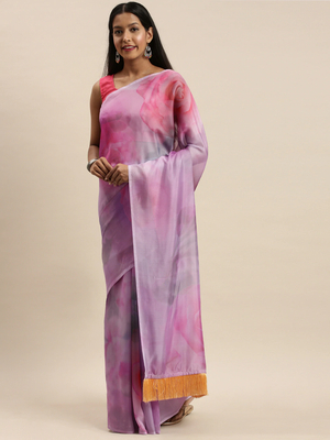 Lavender & Pink Pure Silk Printed Saree 1