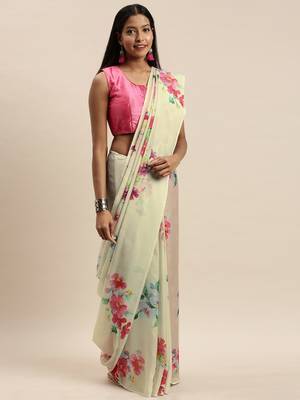 Off-White & Pink Pure Silk Floral Printed Saree 1