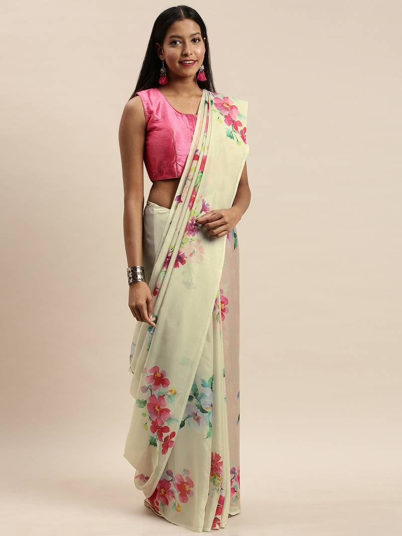 Off-White & Pink Pure Silk Floral Printed Saree