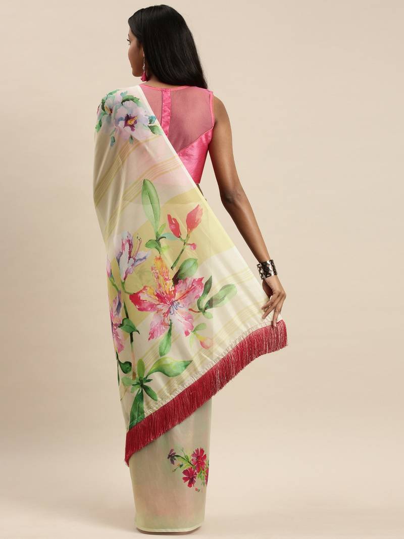 Off-White & Pink Pure Silk Floral Printed Saree