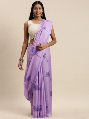 Lavender Floral Printed Pure Silk Saree 1