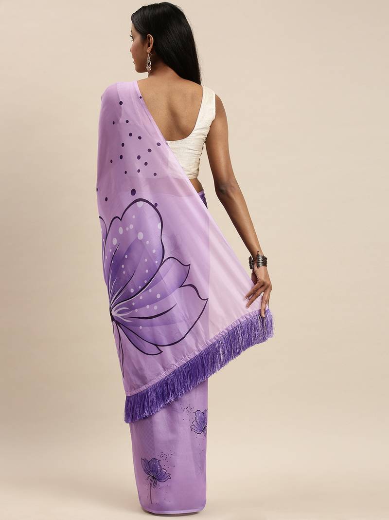 Lavender Floral Printed Pure Silk Saree
