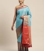 Turquoise Blue & Red Silk Cotton Woven Design Banarasi Saree
