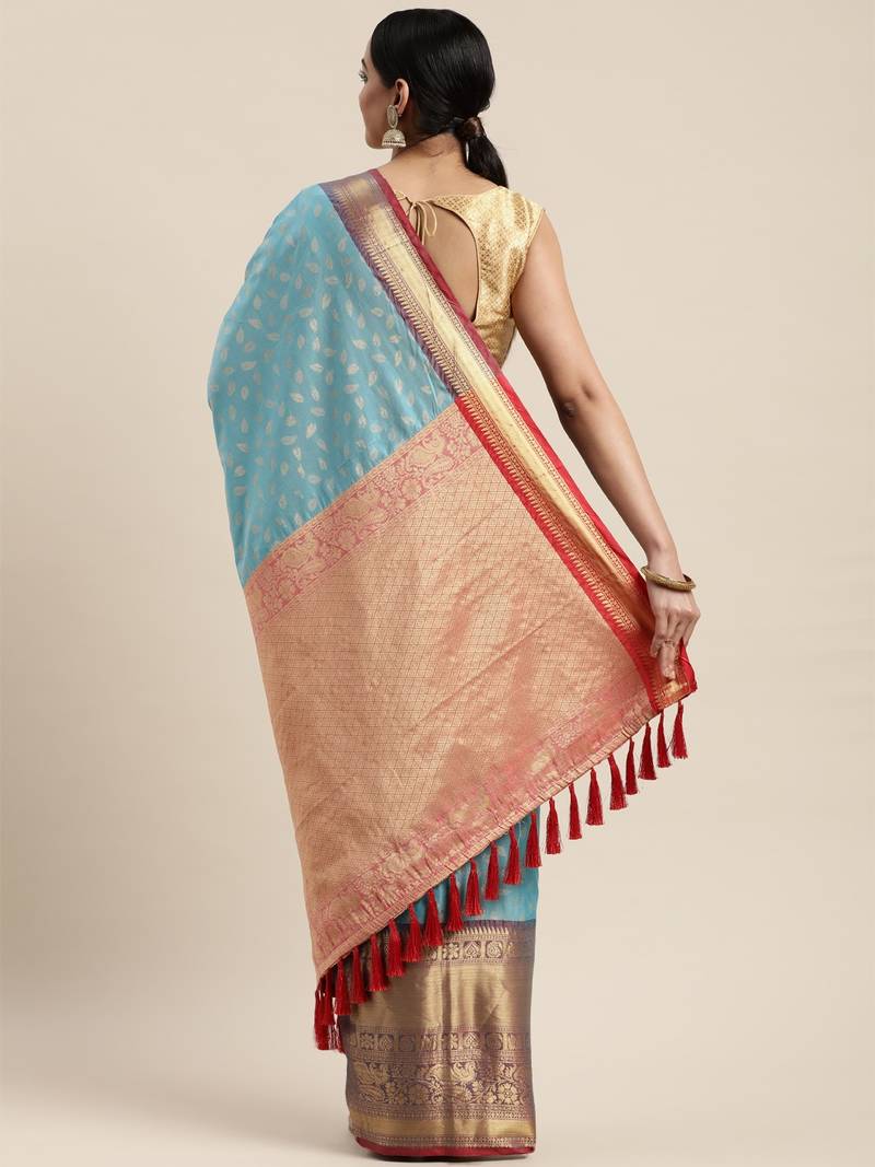Turquoise Blue & Red Silk Cotton Woven Design Banarasi Saree
