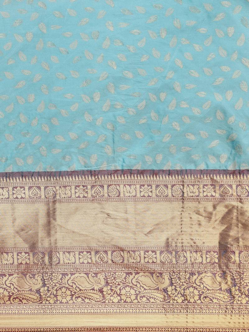 Turquoise Blue & Red Silk Cotton Woven Design Banarasi Saree