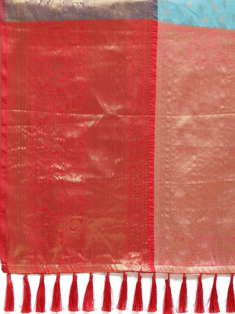 Turquoise Blue & Red Silk Cotton Woven Design Banarasi Saree