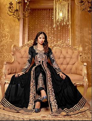 Black & Beige Embroidered Georgette Semi Stitched Anarkali Suit 1