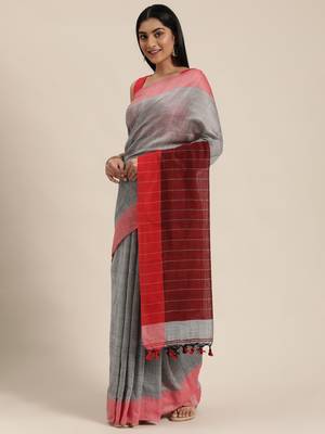 Grey Plain Cotton Handloom Sarees With Blouse 1
