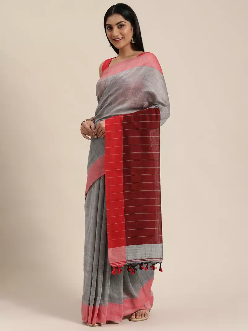 Grey Plain Cotton Handloom Sarees With Blouse