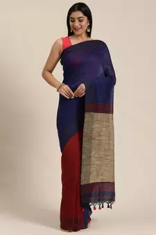 Blue Plain Cotton Handloom Sarees With Blouse