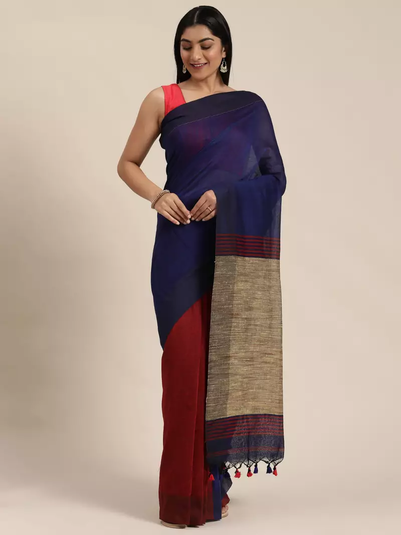 Blue Plain Cotton Handloom Sarees With Blouse