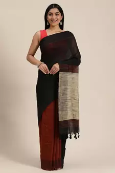 Black Plain Cotton Handloom Sarees With Blouse