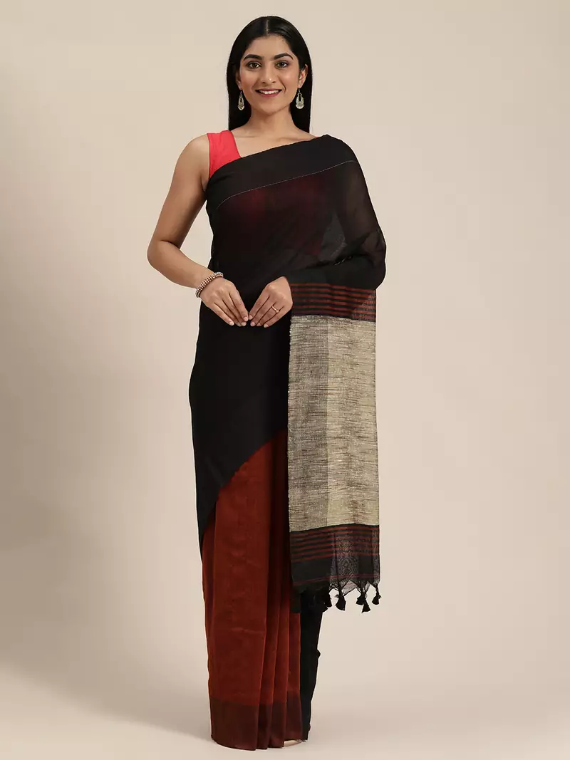 Black Plain Cotton Handloom Sarees With Blouse