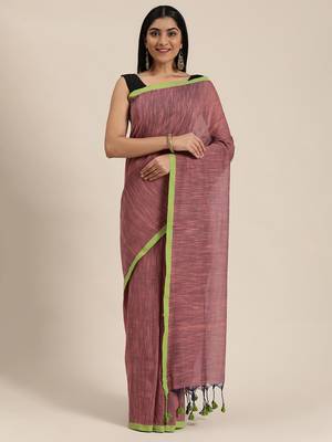 Grey Plain Cotton Handloom Sarees With Blouse 1