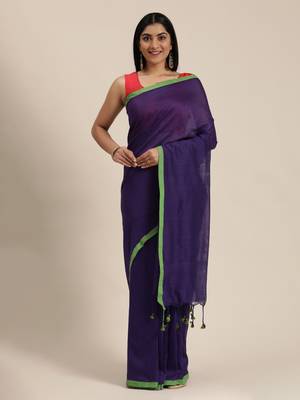 Purple Plain Cotton Handloom Sarees With Blouse 1