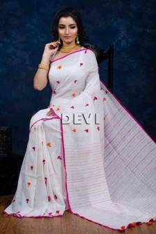 White Plain Cotton Handloom Sarees With Blouse