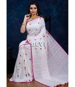 White Plain Cotton Handloom Sarees With Blouse