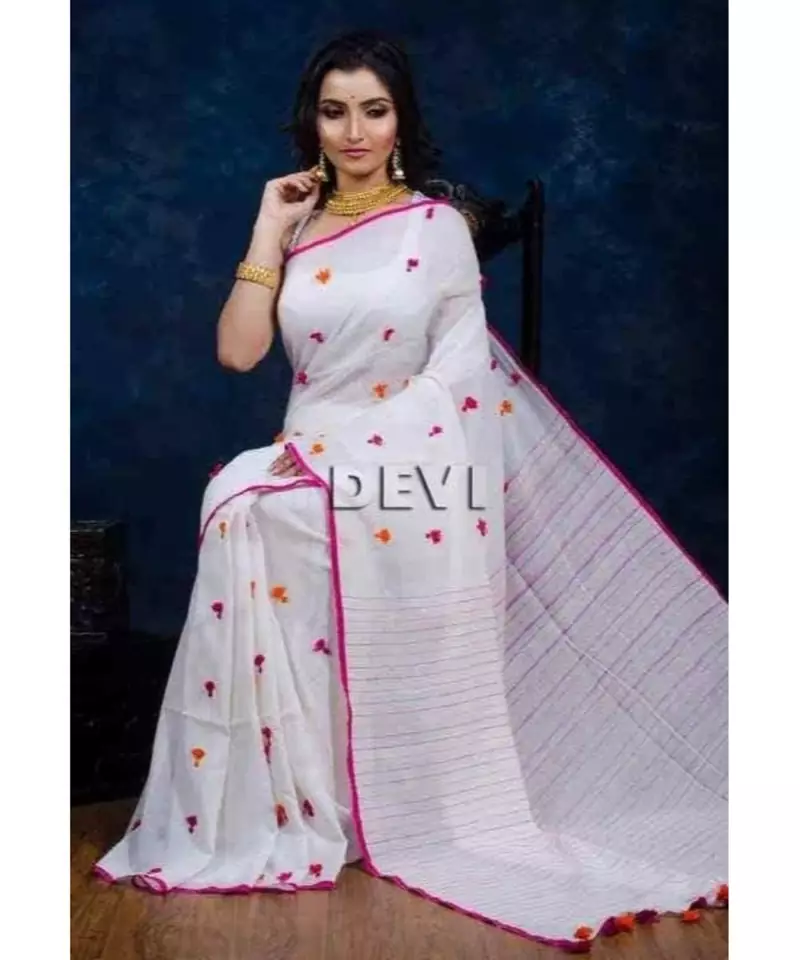 White Plain Cotton Handloom Sarees With Blouse