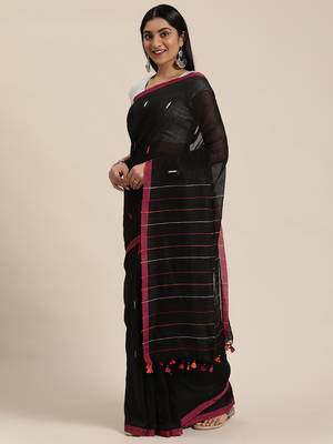 Black Plain Cotton Handloom Sarees With Blouse 1