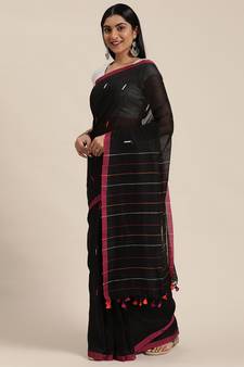 Black Plain Cotton Handloom Sarees With Blouse