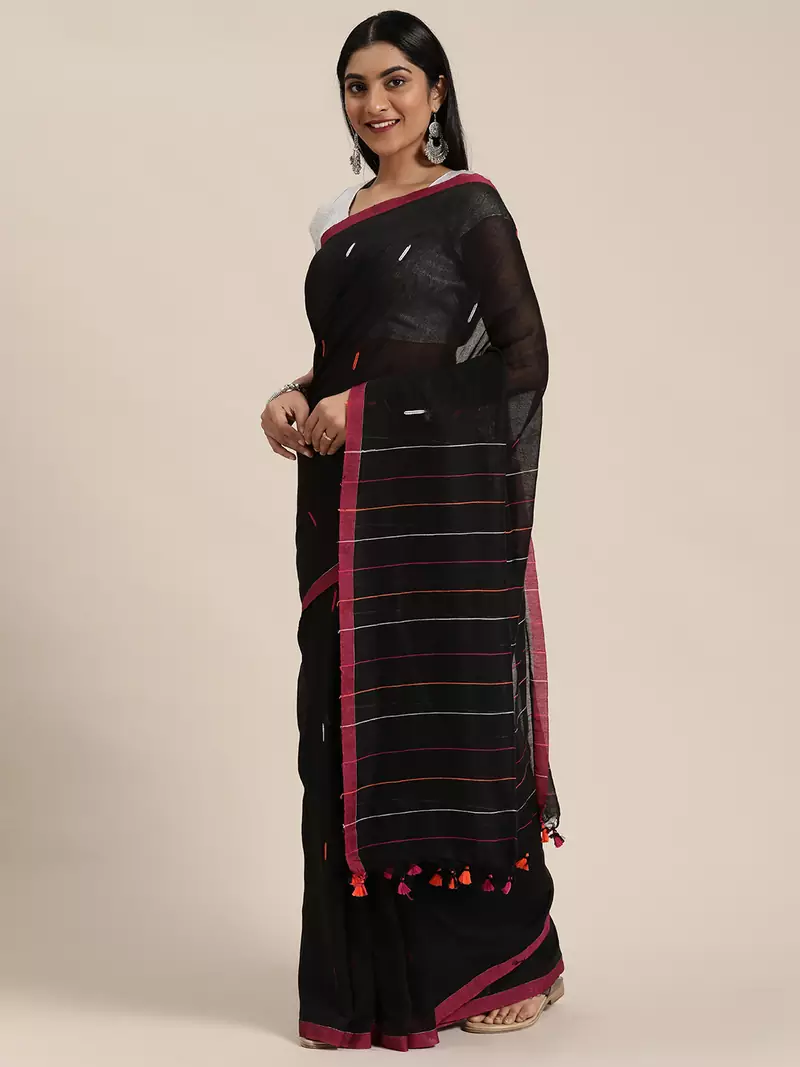 Black Plain Cotton Handloom Sarees With Blouse
