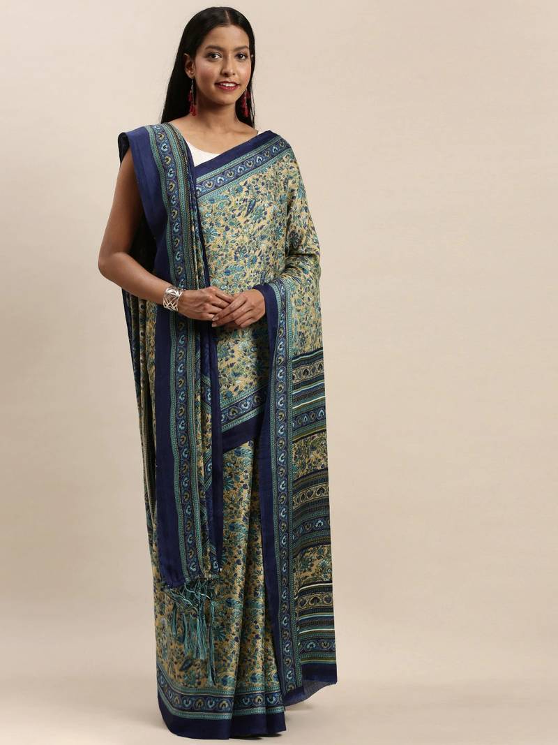 Navy Blue & Cream-Coloured Ethnic Floral Print Saree with Matching Shawl