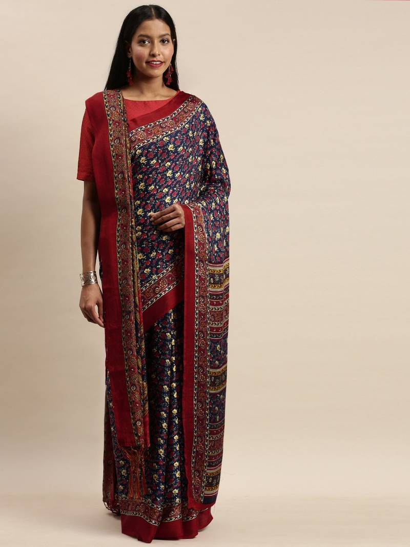 Navy Blue & Red Floral Print Pashmina Saree with Matching Shawl