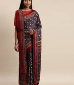 Navy Blue & Red Floral Print Pashmina Saree with Matching Shawl