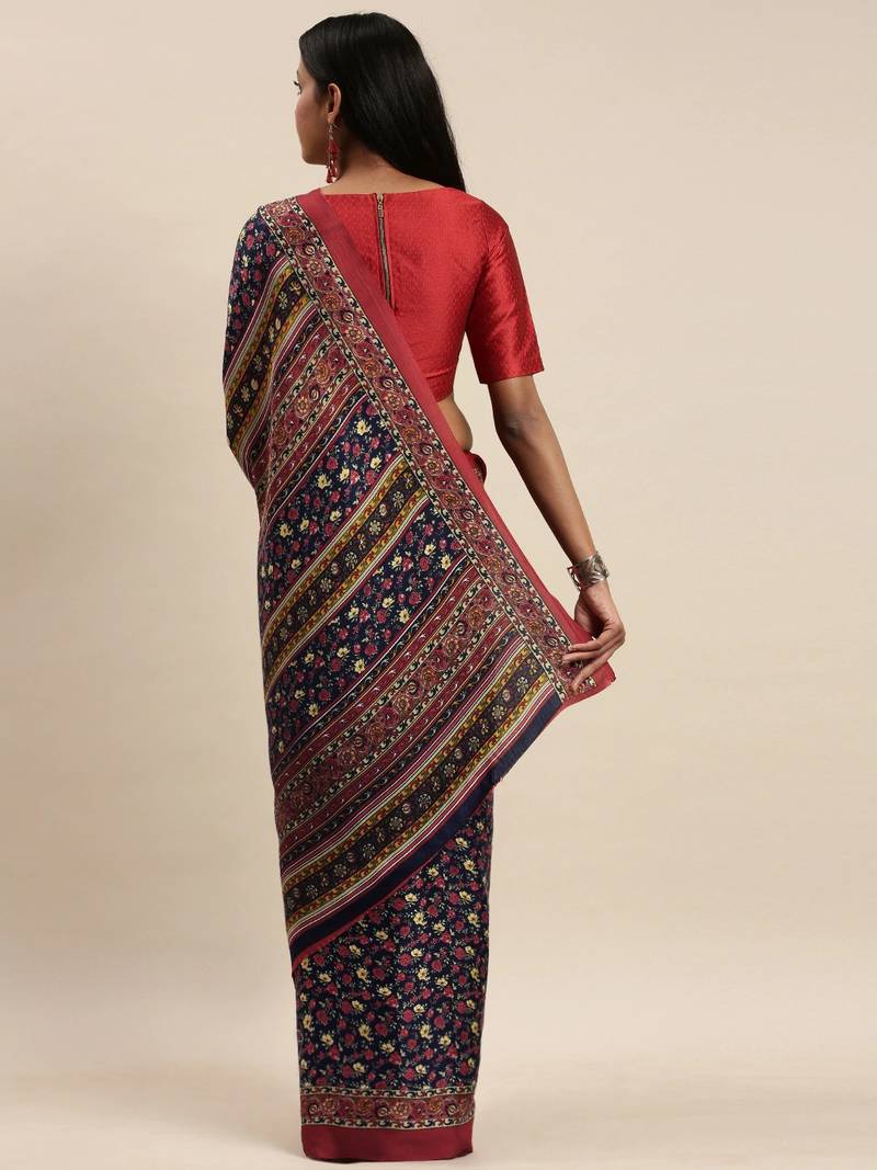 Navy Blue & Red Floral Print Pashmina Saree with Matching Shawl