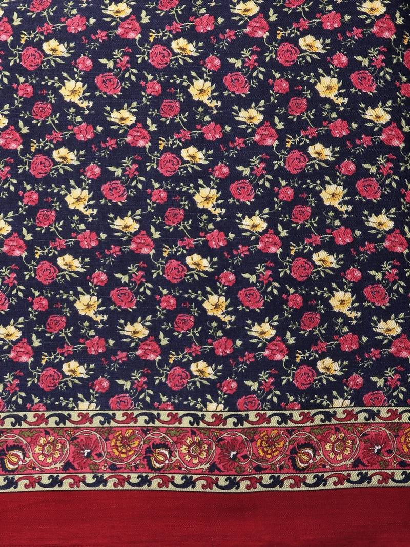 Navy Blue & Red Floral Print Pashmina Saree with Matching Shawl