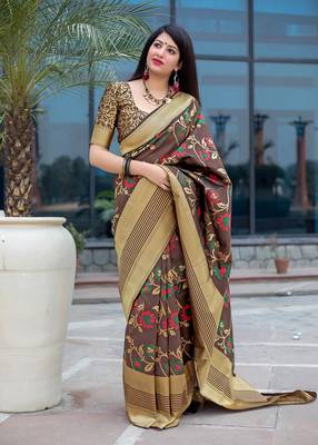 Brown woven banarasi silk saree with blouse 1
