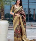 Brown woven banarasi silk saree with blouse