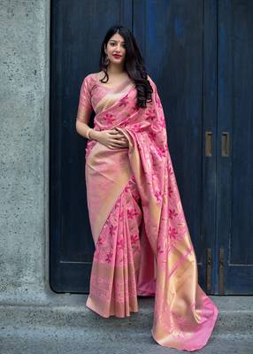 Baby pink woven banarasi saree with blouse 1