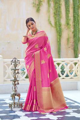 Pink woven banarasi silk saree with blouse 1
