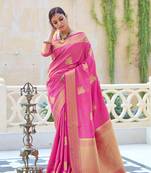 Pink woven banarasi silk saree with blouse