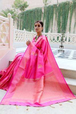 Pink woven banarasi silk saree with blouse 2