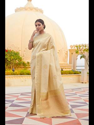 Beige woven banarasi silk saree with blouse 1