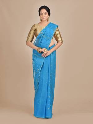 Blue hand woven silk cotton saree  1