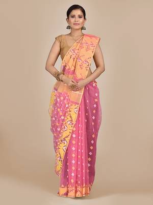 Pink hand woven silk cotton saree  1