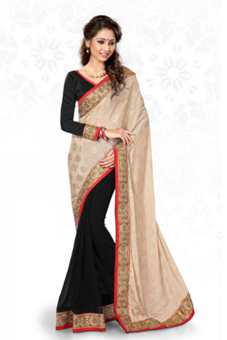 Beige and Black embroidered jacquard saree with blouse Mirchi Fashion