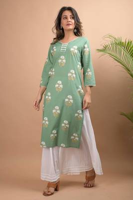 KAAJH Green Floral Printed Cotton Kurta 1