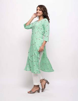 KAAJH Green Floral Printed Cotton Kurta 3