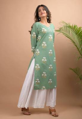 KAAJH Green Floral Printed Cotton Kurta 3