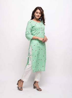 KAAJH Green Floral Printed Cotton Kurta 4