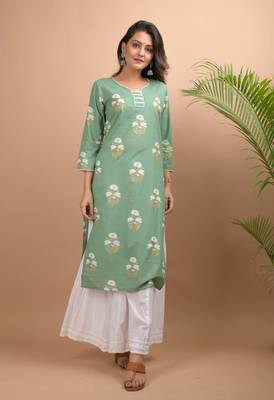 KAAJH Green Floral Printed Cotton Kurta 4