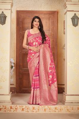 Salmon woven banarasi silk saree with blouse 1