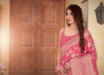 Salmon woven banarasi silk saree with blouse 3